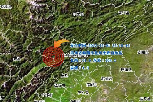 2012年12月1日晚四川綿陽北川發生4.3級地震
