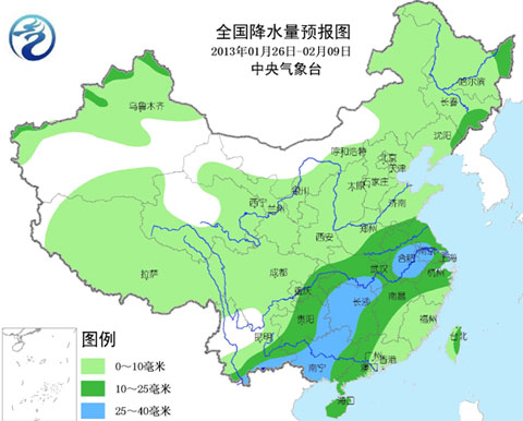 2013年1月26日至2月9日全國降水量預(yù)報(bào)圖