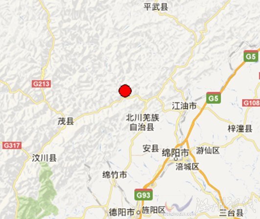 四川省北川縣3.9級地震震中位置