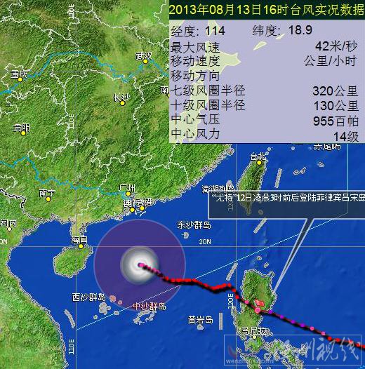 13日下午臺風尤特實況數(shù)據(jù)