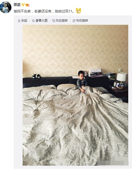 姚晨調(diào)侃兒子單身 爸媽不在家 老婆還沒有 獨自過雙11
